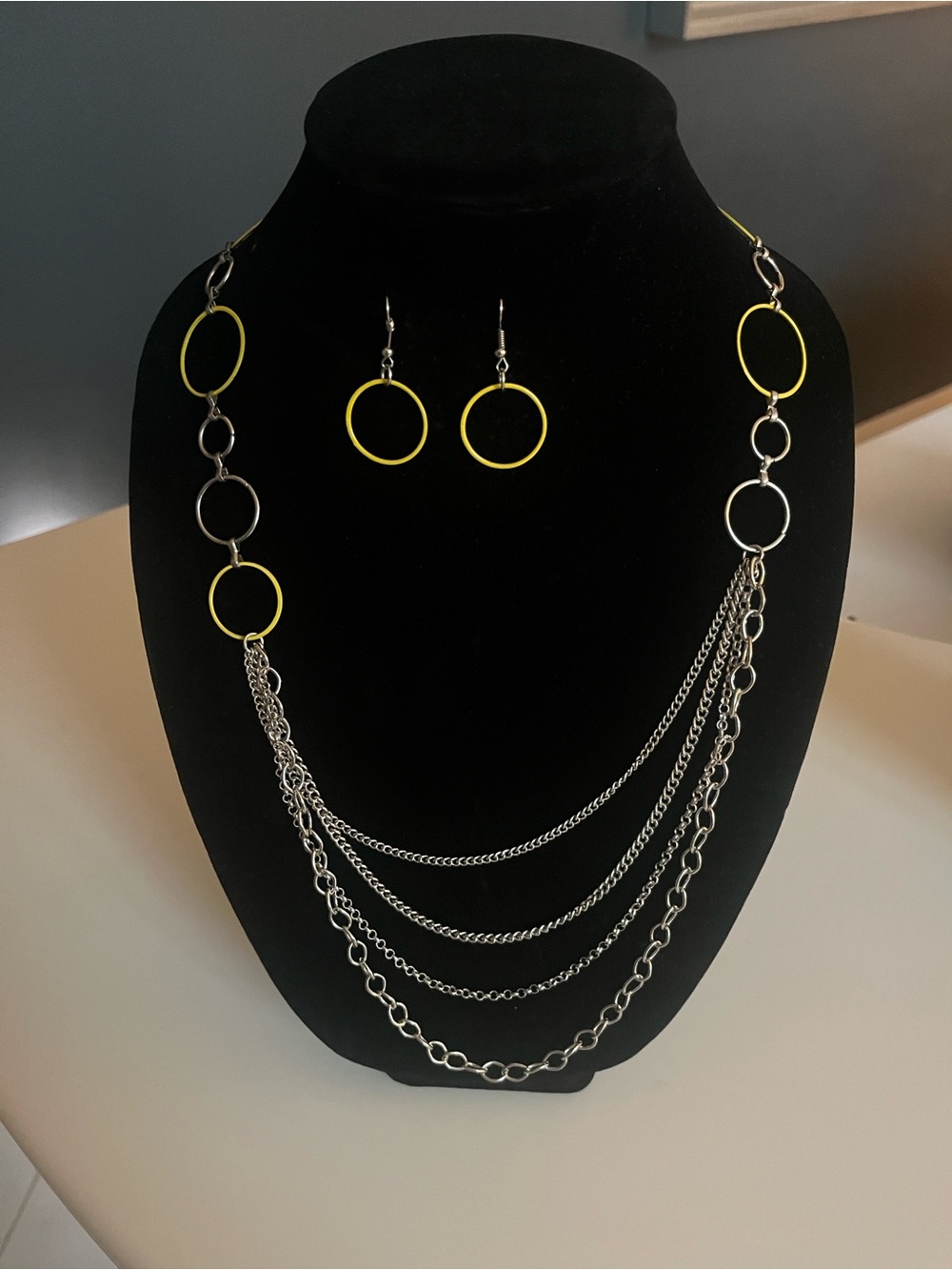 Yellow and Silver Multi-Chain Circle Necklace with Matching Hoop Earrings